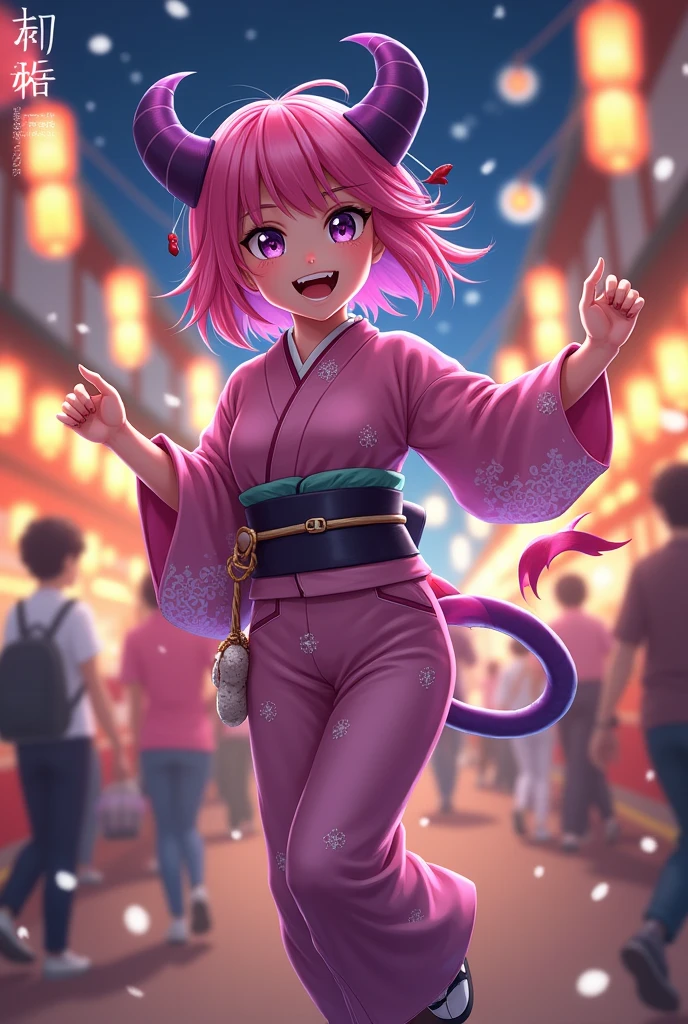 A 1 demon girl with a Hair middle, pink hair, purple eyes, wearing a yukata, and holding a bag, Festival in Japan At night, smile Dance like crazy