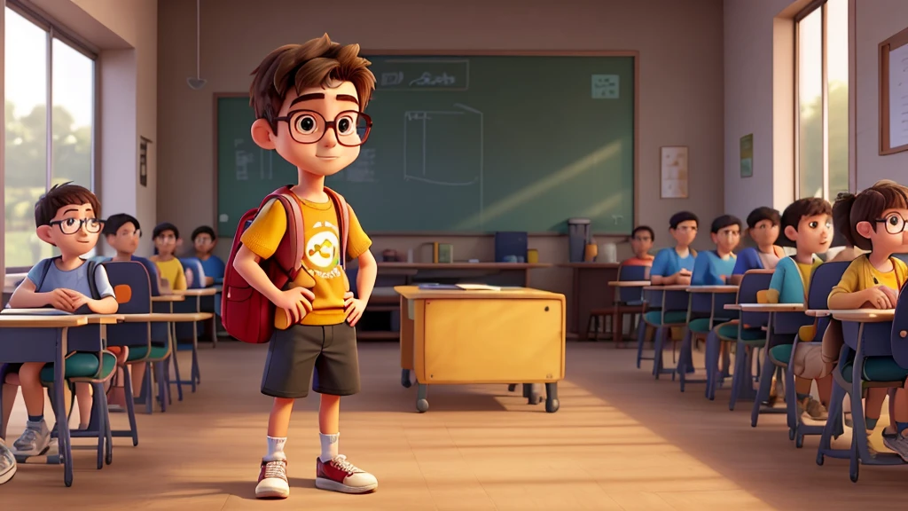 A 20 years-old male, who is timid and shy. He is wearing an orange t-shirt, a black shorts, and he has a sweater wrapped around his waist. He also wears a backpack, white sneakers, and nerdy glasses. He has short hair, yellow Asian skin, and brown eyes, and he is short. He is standing in the middle of the classroom. Full body.