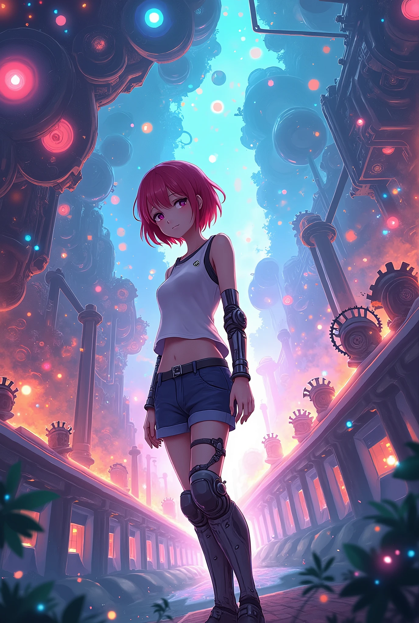 Colorful and dreamy anime style illustration of a girl with red short hair, Vibrant, Mechanical landscape. She wears casual clothing with mechanical leg armor, Surrounded by a kaleidoscope of colors and brilliant lights. The backgrounds are filled with whimsical details and magical atmosphere. 