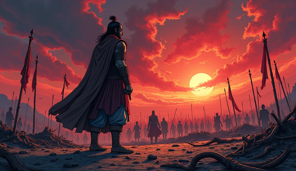 Here’s an image prompt for this concluding part of the narrative:
"A comic-style scene capturing the aftermath of the Kurukshetra War, depicting the desolate battlefield under a dark, stormy sky. Shakuni, wearing his eye patch, stands in the foreground, looking out over the ruins of the Kuru dynasty with a mixture of triumph and despair. The ground is littered with broken weapons, shattered flags, and fallen warriors, symbolizing the destruction caused by the war. In the background, the sun sets, casting an eerie red and orange glow over the scene, symbolizing the end of an era. Ghostly images of the key warriors who perished in the war, such as Bhishma and Dronacharya, appear as shadows, haunting Shakuni as he realizes the cost of his revenge. The overall tone is dark and tragic, with vibrant comic-style colors emphasizing the epic scale and ultimate downfall of all involved."