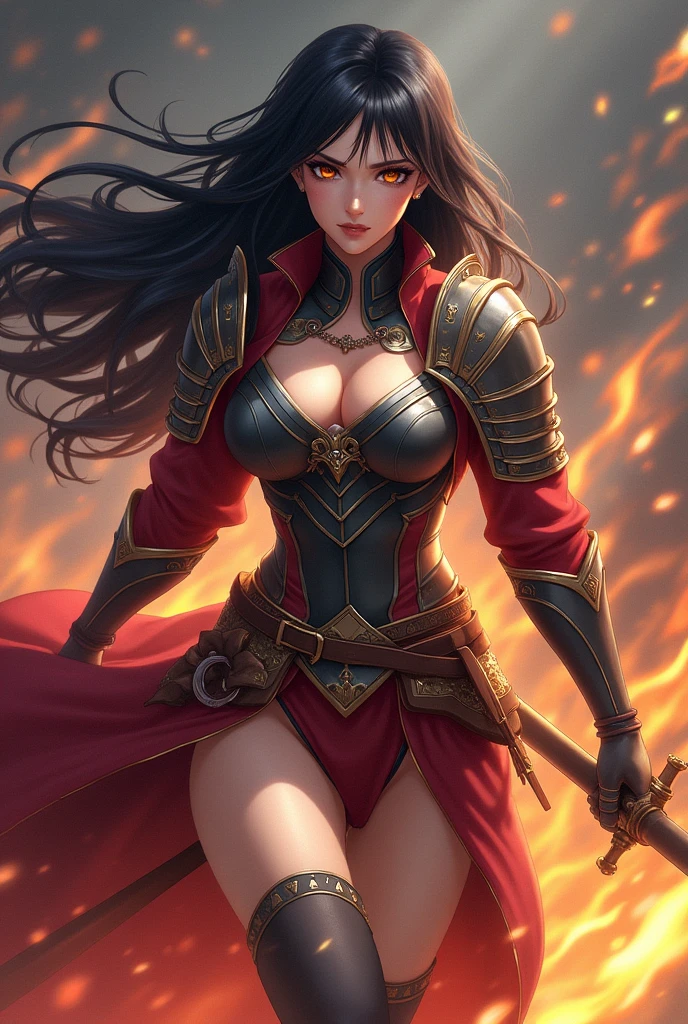 a human woman warrior inspired by Fire Emblem's Ayra with the chets plate and side open cloth showing a leg with lush long black hair