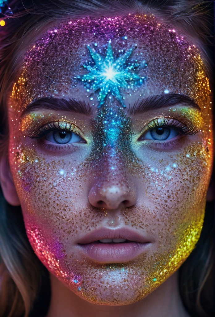 A close-up portrait of Alica Schmidt's face made entirely of colorful stars and cosmic nebulas. The overall effect is a mesmerizing neon masterpiece reminiscent of a cosmic dance of celestial bodies.