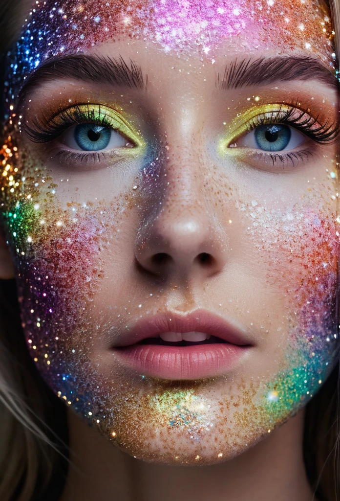 A close-up portrait of Alica Schmidt's face made entirely of colorful stars and cosmic nebulas. The overall effect is a mesmerizing neon masterpiece reminiscent of a cosmic dance of celestial bodies.