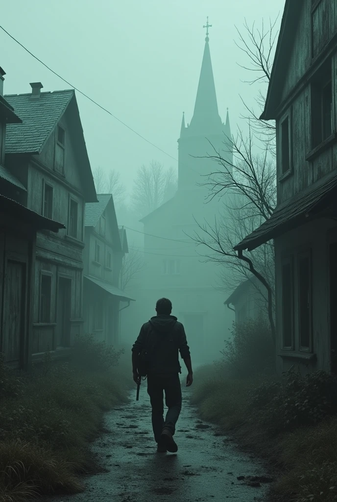Man arriving at an abandoned village inspired by Resident Evil 4