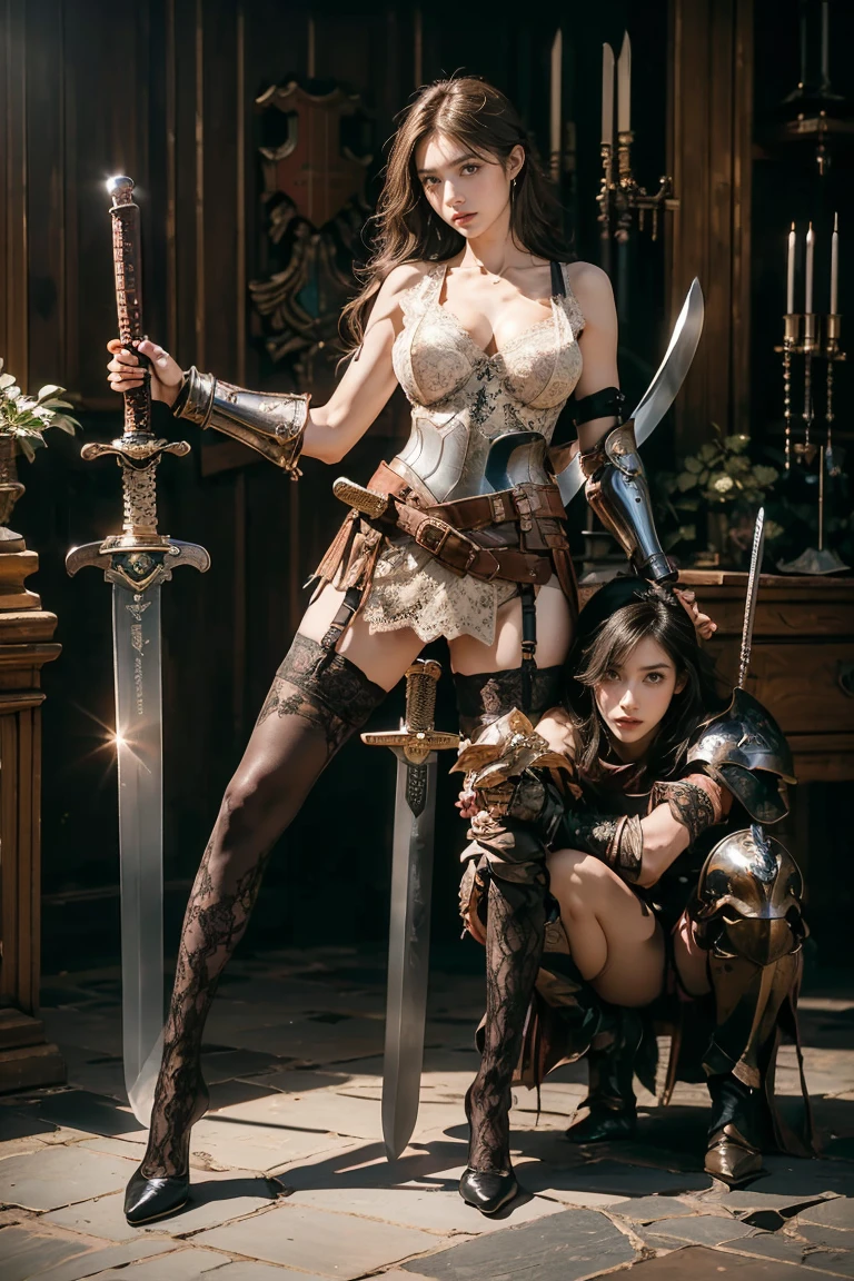 ((masterpiece, Highest quality, Best image quality, High resolution, Realistic, RAW Photos, 8k))、(Medieval Europe、Bohemian style:1.2)、((1 female、alone:1.5))、European Castles、Beautiful woman、Blonde long hair、Slender women、((胸の空いたbreastplate:1.5))、((breastplate、Shoulder rest、Gauntlet、sword on waist、Pauline、Greaves、garter belt、Lace Stockings:1.5)))、((Sword and shield pose:1.5))、((Sharp eyes、Unmoved:1.5))、((full body:1.5))