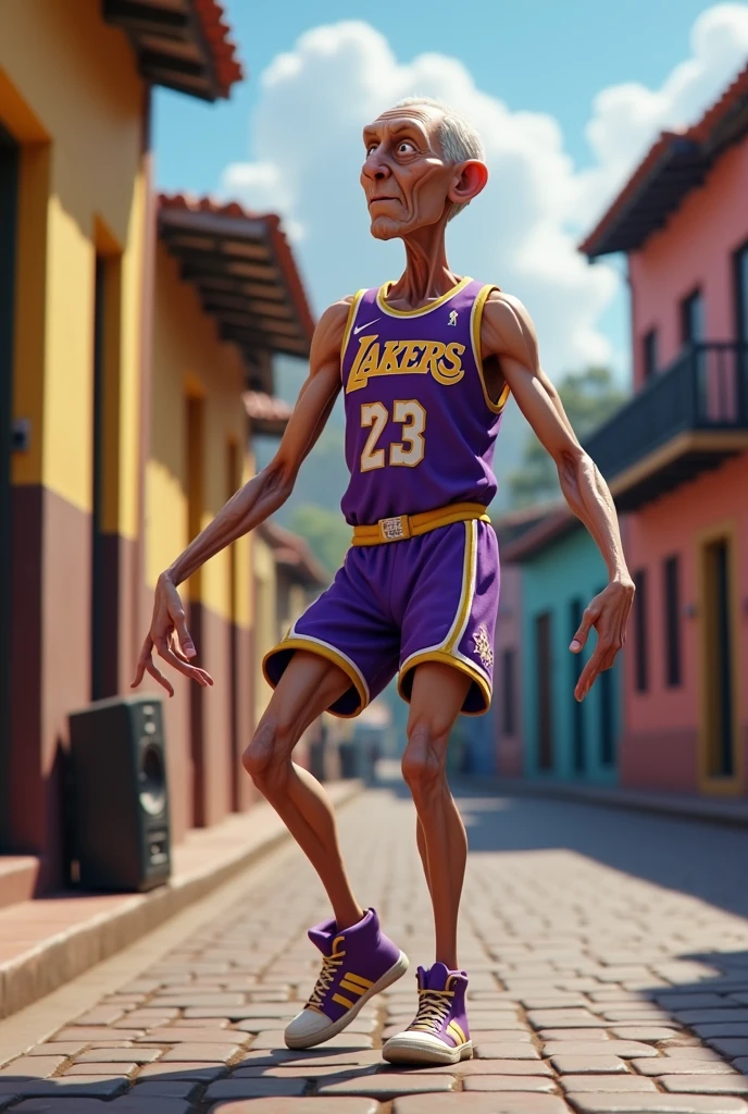 Generate the blonde agent jonesy from fortnite with laker clothes with a speaker in cartagena dancing ballet make him skinny and old and make his face look like ernesto