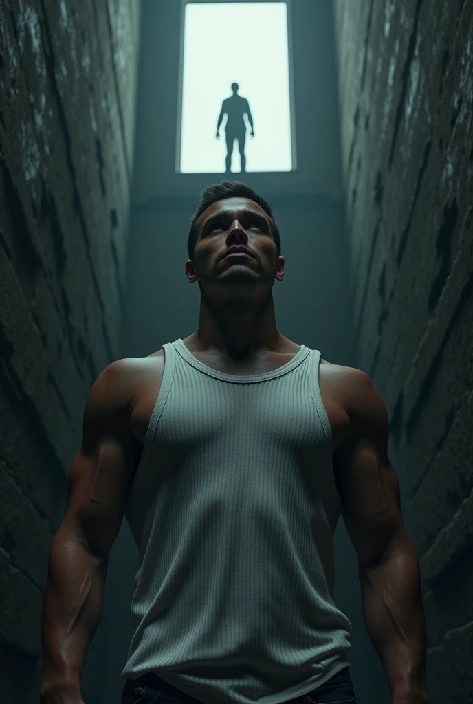 Create the image of a strong, young white man,he is wearing a white ribbed American tank top, he is trapped in a large well-shaped prison,deep, dark and hit , he is standing looking up from the shore, where you see the only exit you also see the silhouette of a man in a suit looking back