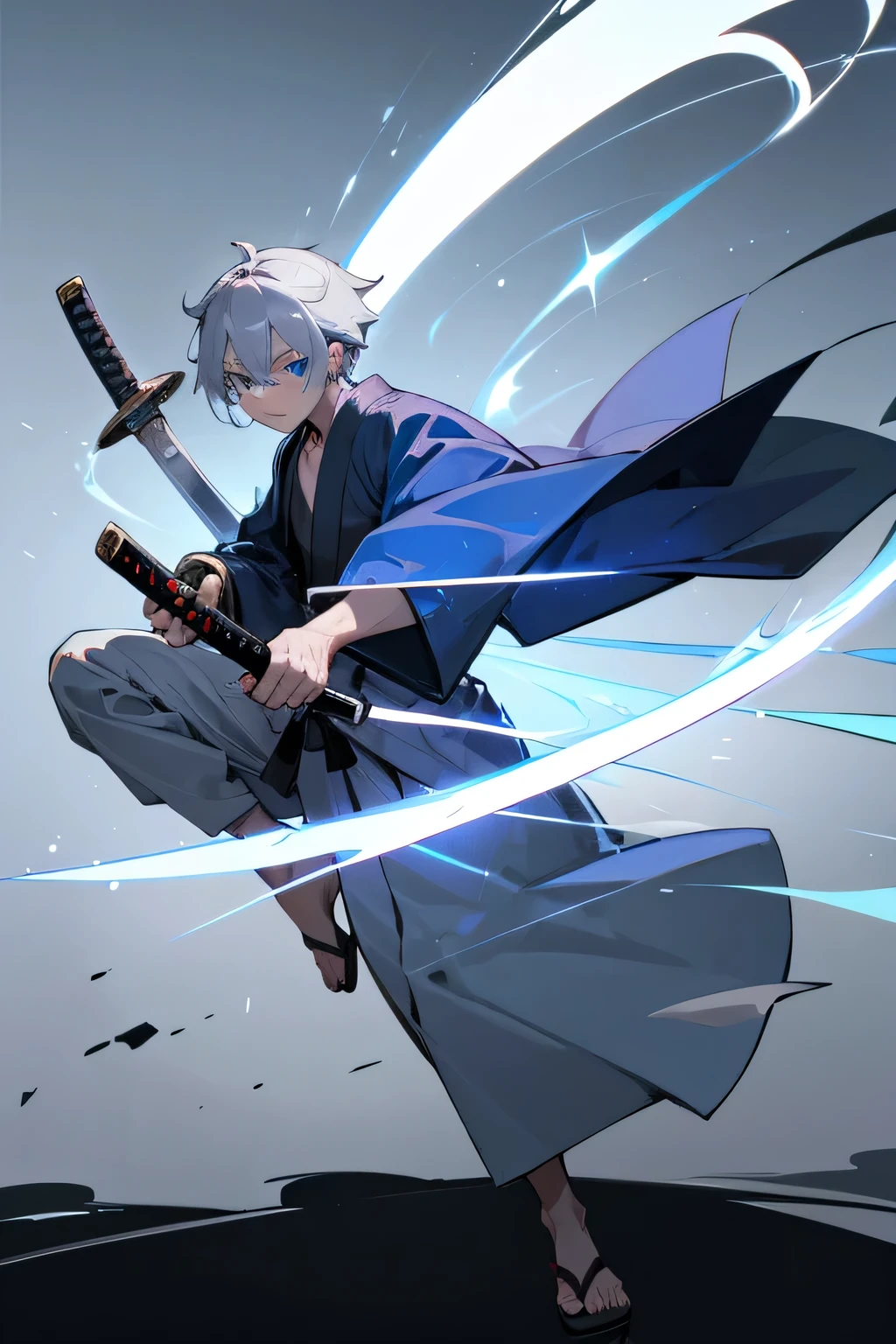 1man, silver hair, blue eyes, short hair, robe, samurai sword, full body