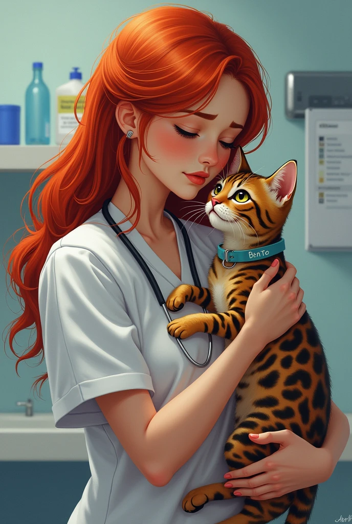 redhead woman holding a bengal cat,with the collar saying BENTO,at the vet