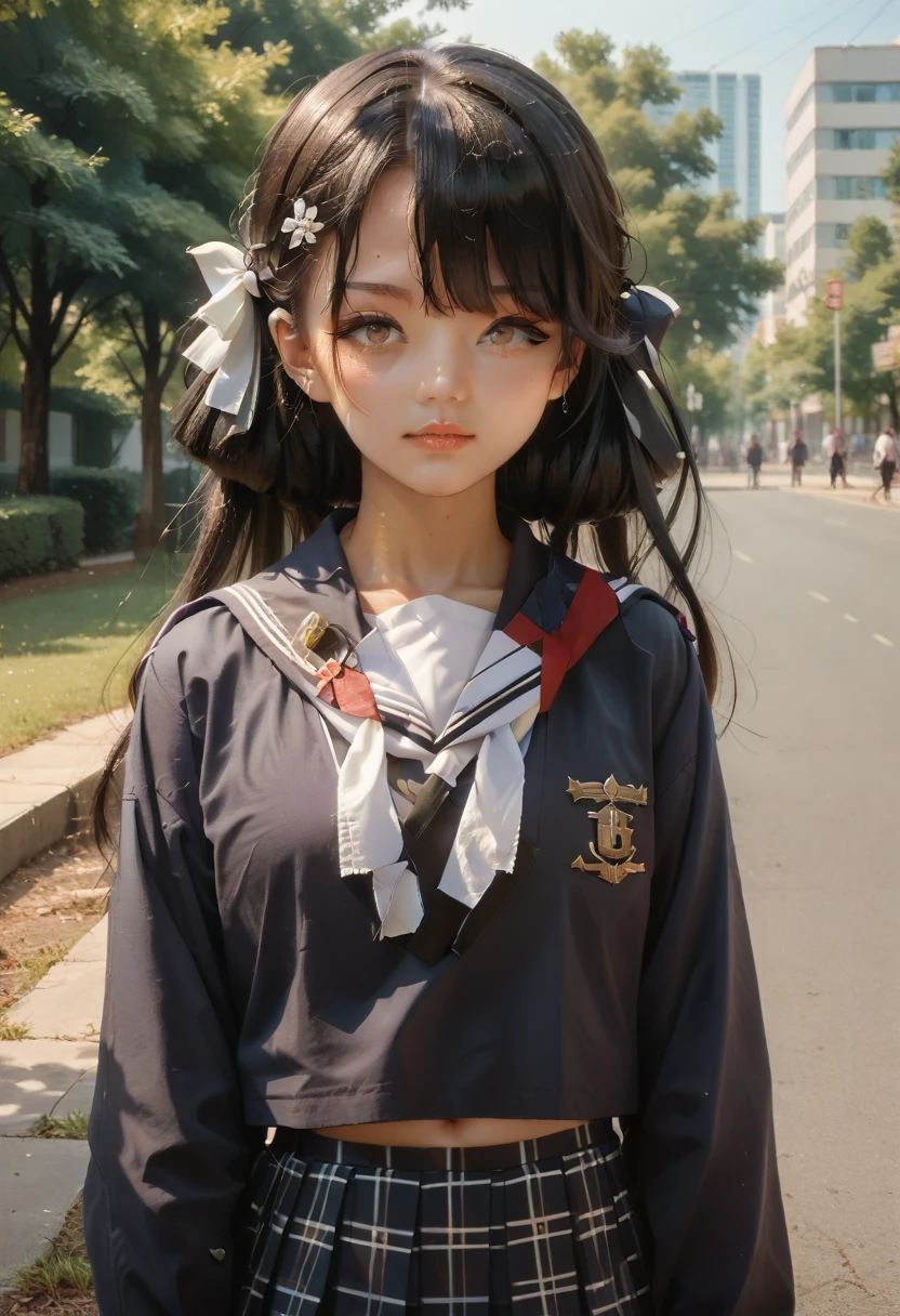 nagara(azur lane),(origen),school_uniform,1girl,solo,outdoors, looking at viewer,, ,masterpiece, best quality, ultra-detailed, illustration,