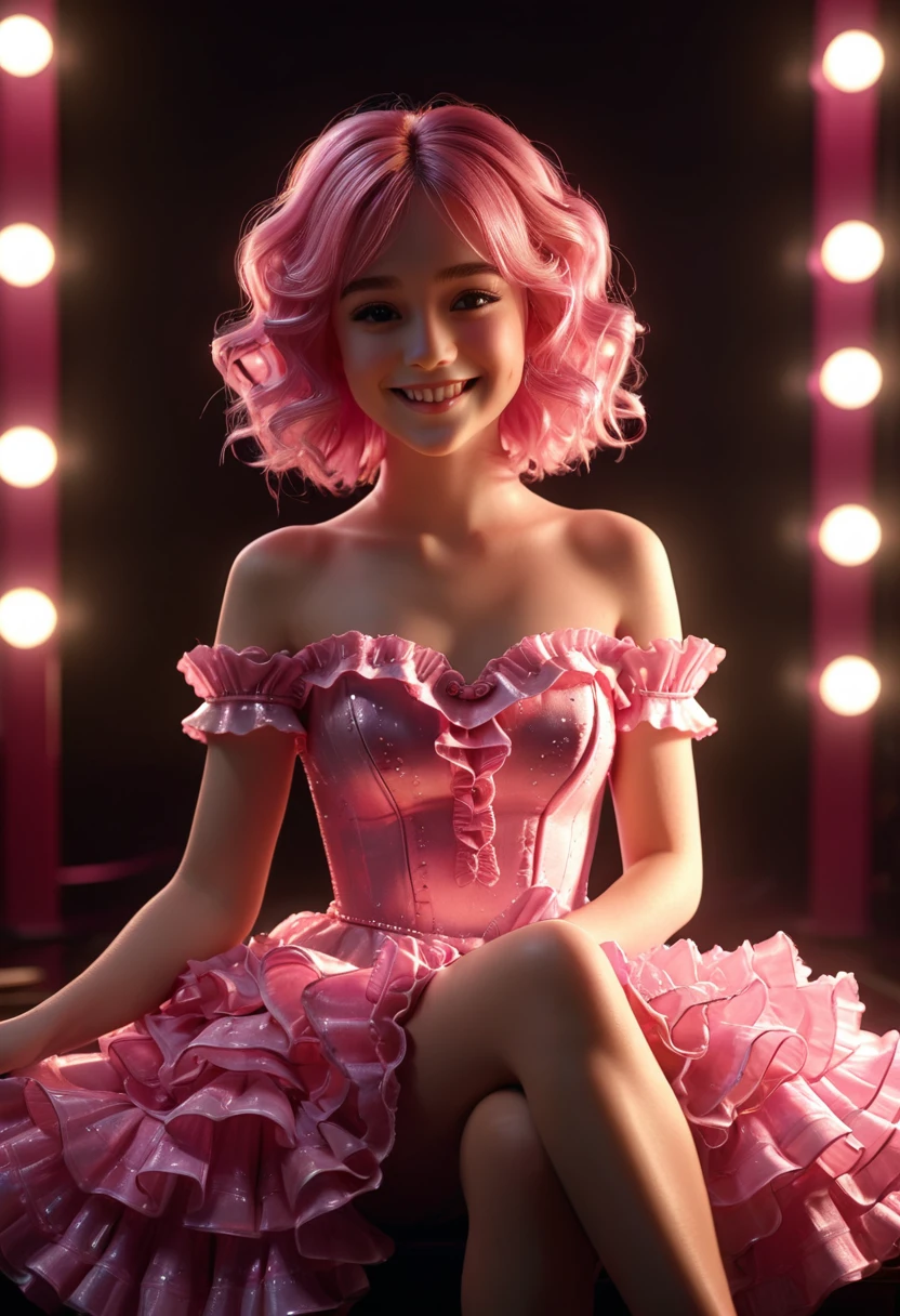 highly detailed, 8k, masterpiece, One girl, pink frills_hair_tube, dress, bend_that's all , Grin, (perfection_face), Sitting, machine, Brilliant, Complex, Dramatic lighting, 4K, detailed_background, Caustics, full_body, (Surreal:1.3), bloom,(Beautiful lighting:1.3), Caustics, Dynamic Lighting, Beautiful lighting, (Dakota Fanning:0.5) 