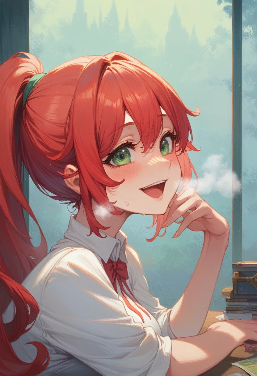 ((Tabletop, Highest quality, High resolution, Hmph, Pixel perfect, Depth of written boundary, 4K, )), One Girl, alone, upon, Beautiful Anime, Beautiful art style, 
close, View your viewers, 
Perfect body,  

Red hair, Long Ponytail, Green Eyes, Large Breasts, 

Blush all over face, smile, Open your mouth, 

Happy, smile, Blushing, breathe, Sweat,
Browsing Caution,Beautiful woman, cute, masterpiece, Very detailed and delicate,Very nice and beautiful,Blushing