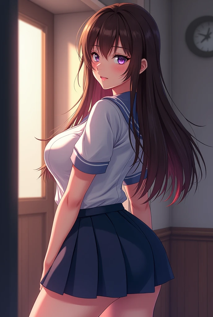 (anime hentai) a beautiful 1 girl, White skin, violet eyes and brown hair,with big tits and ass,wearing a school uniform.
