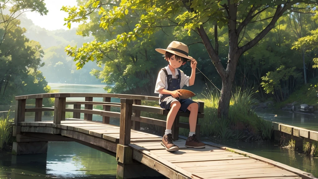 good-natured boy in a hat, sits on a wooden bridge, catches fish, hat, boy on the bridge, catches fish