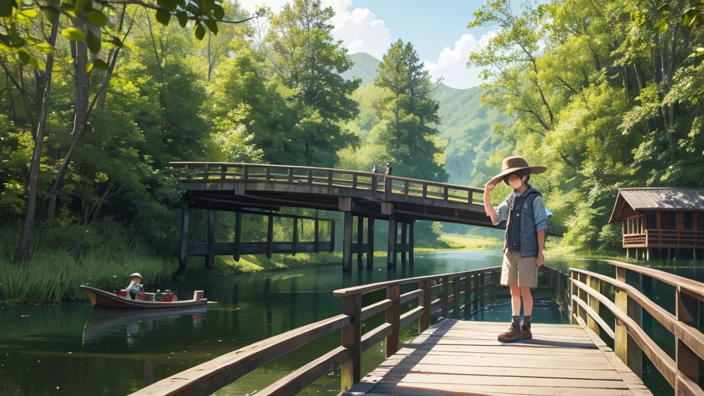 good-natured boy in a hat, sits on a wooden bridge, catches fish, hat, boy on the bridge, catches fish