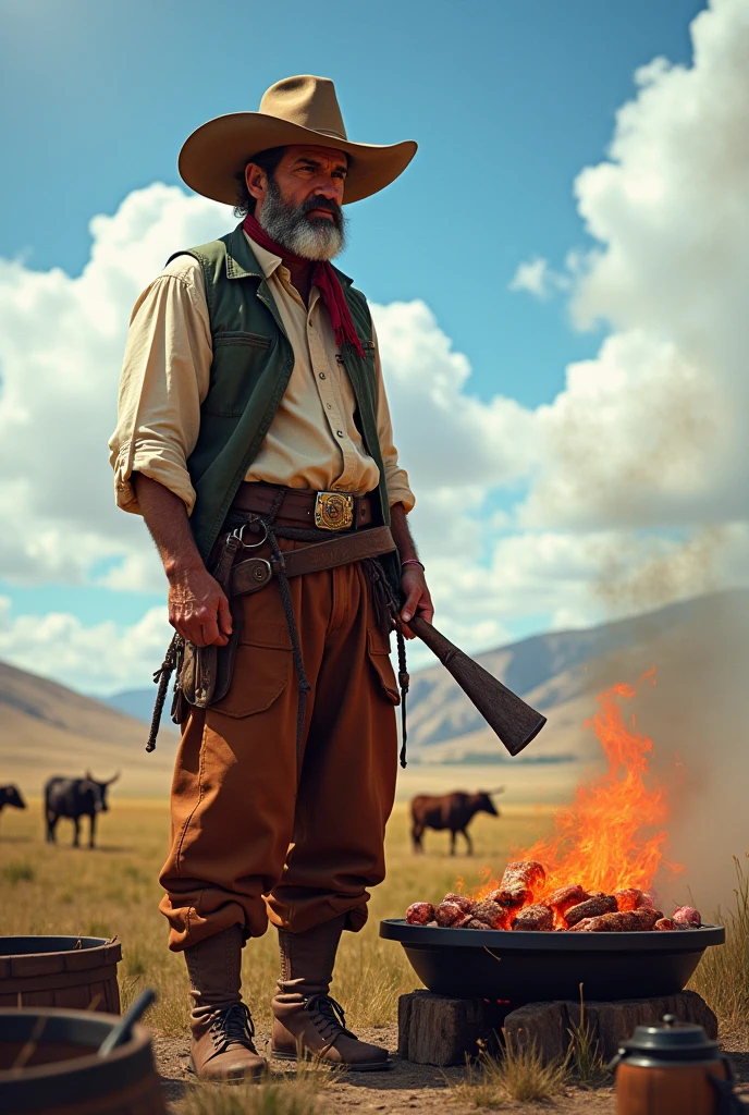 A gaucho with bombacha, preparing a good barbecue 