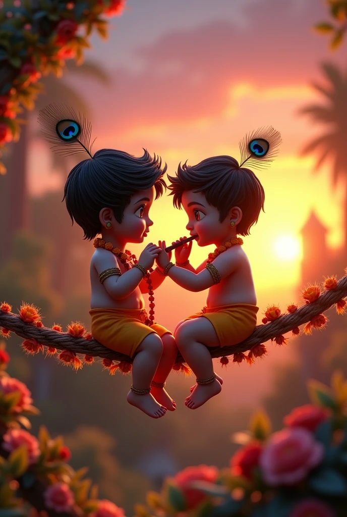 (photorealism:1.2), A 3D render of a medium shot of a cute  Krishna with a peacock feather in his hair, singing a flute. He is wearing a yellow dhoti and a flower garland. He his with her friend Radha .....sitting On the flower rope .The background is vibrant sunset......The lighting is dramatic, with a bright spotlight on Krishna and a dark background.