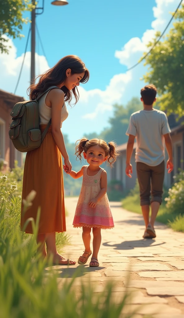 3 people, a beautiful young mother standing looking at her beautiful daughter who is holding her hand while pointing at a handsome young man walking far behind her, the young mother looks smiling and the is full of hope, HD, super detailed, super realistic, street background village and beside is the grass growing wild along the road, best shadow, bright blue sky.