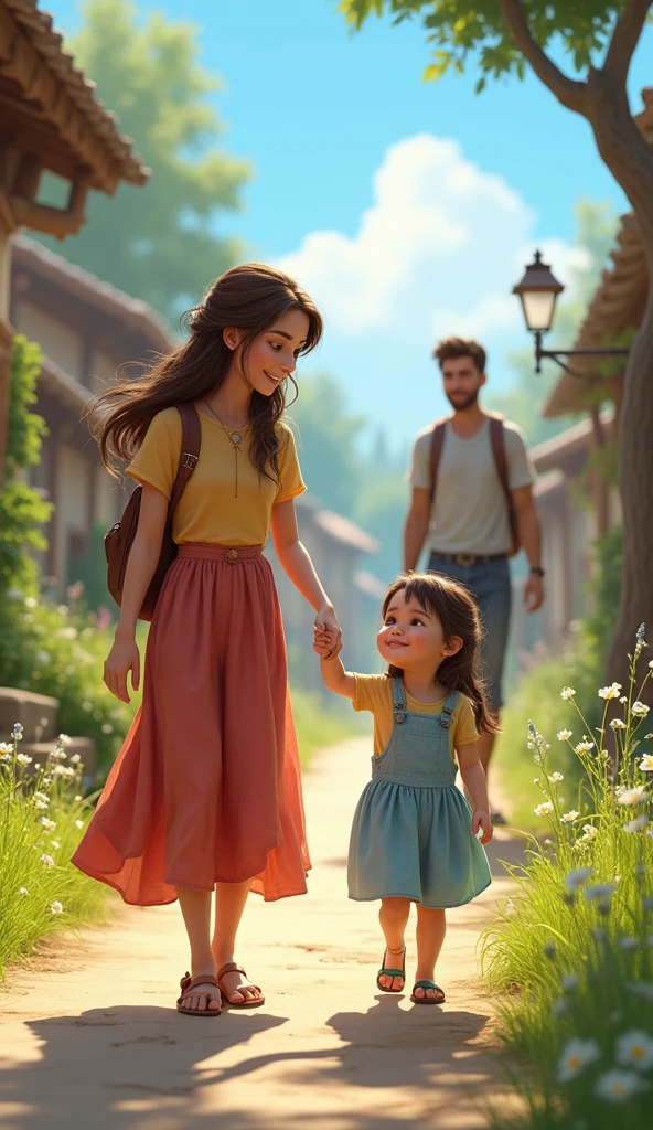 3 people, a beautiful young mother standing looking at her beautiful little daughter who is holding her hand while pointing at a handsome young man walking far behind her, the young mother looks smiling and the is full of hope, HD, super detailed, super realistic, street background village and beside is the grass growing wild along the road, best shadow, bright blue sky.
