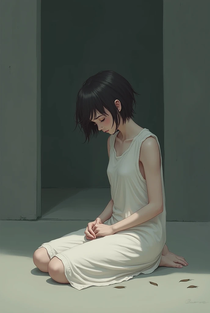 Woman sitting on the floor wearing sleeveless white sleeveless sad with super short hair