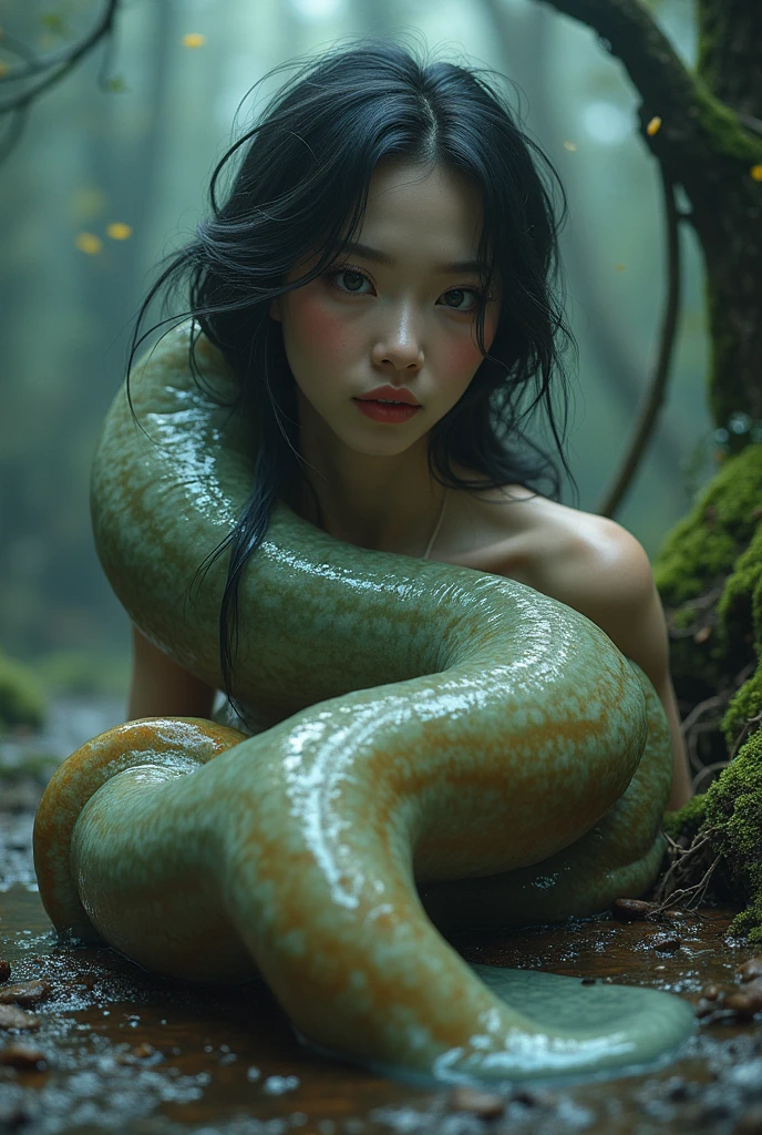Draw a black-haired Asian girl about . Below the neck is the body of a slug, and only the head is human. Slug slime will be left wherever the slug's body passes.