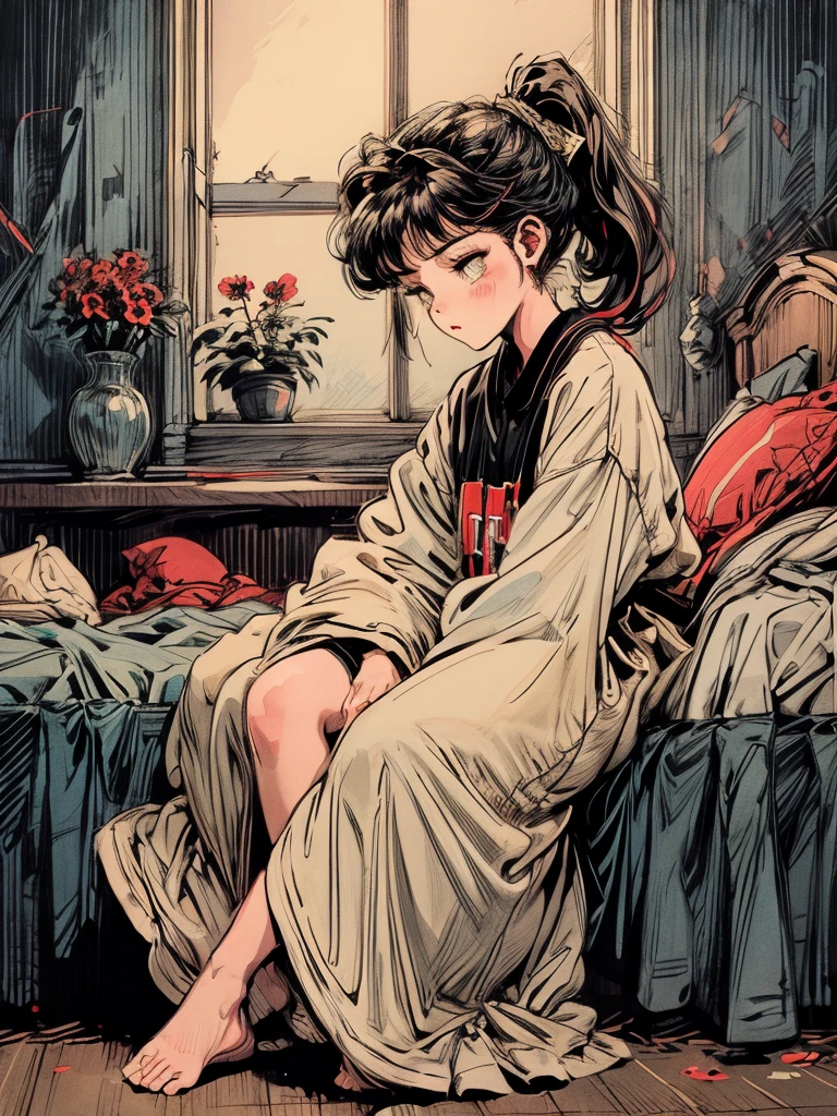 beni, solo, 1girl, yellow_pupils, black_hair, high_ponytail, red_flower_hair_ornament, Contemplating, (((background bedroom))), window, sleeping, table, large bedroom side, small character, (((full body))), 