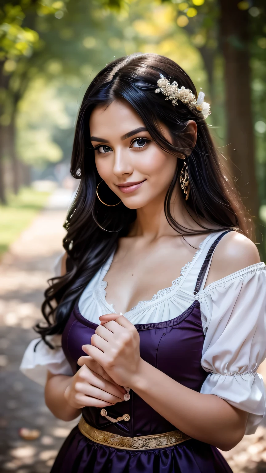Realistic full body photo of a smiling black-haired woman with long hair, She dances in front of the camera in a short purple dirndl, Fine fabrics, Park,glamour fotoshooting, Wedding celebration, perfect anatomy, perfect brown eyes. Perfect hands with 5 fingers on each hand, Matching girl, look into the camera, 1 Frau. (Eye make up:1.1), (highly detailed skin:1.1), spirit, analog style, keen focus, 8K UHD, dslr, good quality, Fujifilm XT3, Grain, Award-winning, masterpiece.