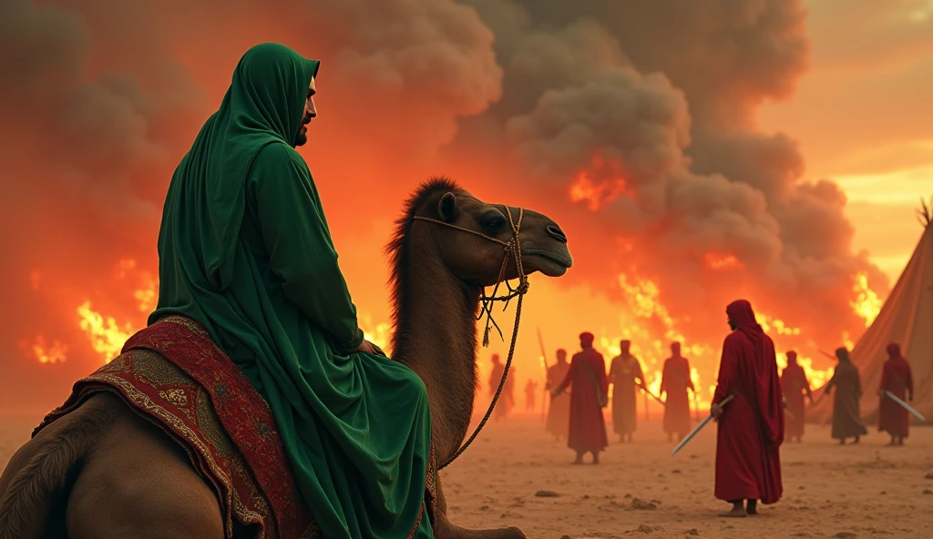 A men wear green hijab sitting camel,
both hand are tied by rope,
Burning tents,
Burning date tress,
Some men wear red battle suit with sword,
No modern weopan,weaopan around bc,
Bloody sky