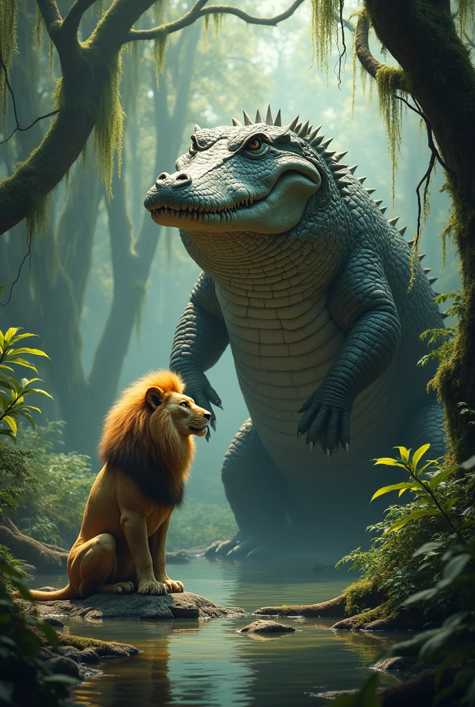 Make an image of the lion kneeling and worshiping the alligator