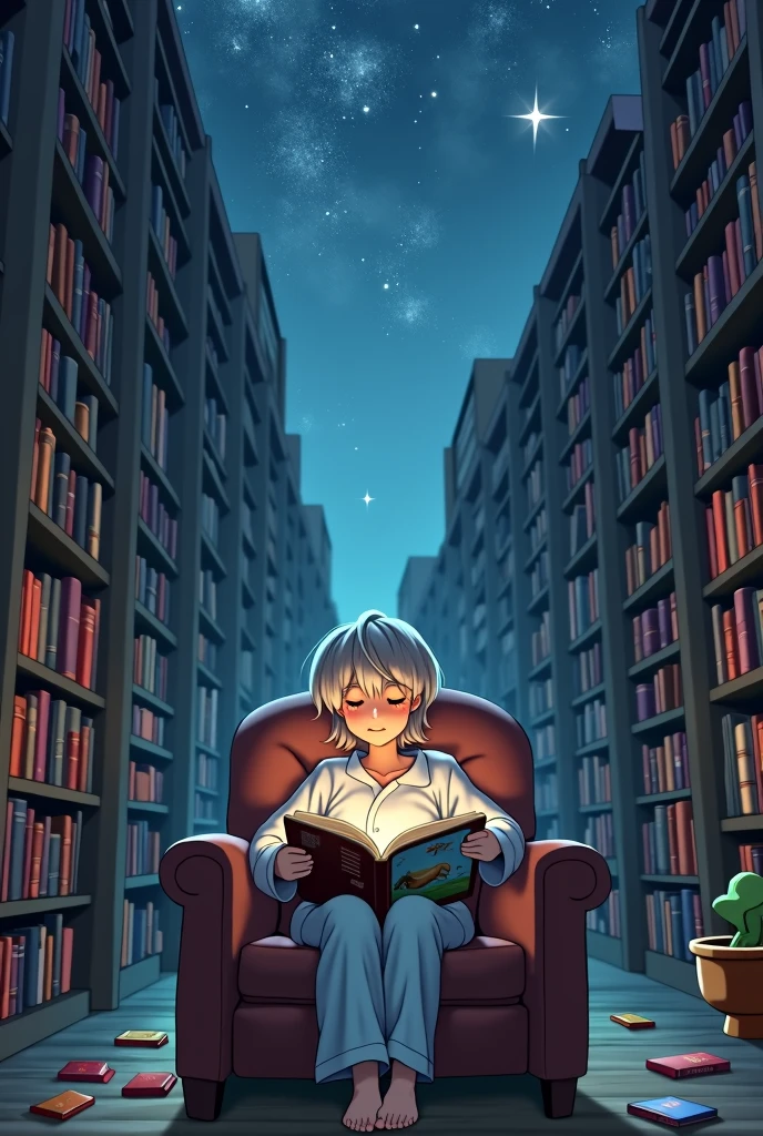 One person、Gray-haired、pajamas、Picture book reading、Storytelling、In the background, there are a huge number of bookshelves and a starry sky.、Fantasy、Healing、relax、Fantasy、Beautiful