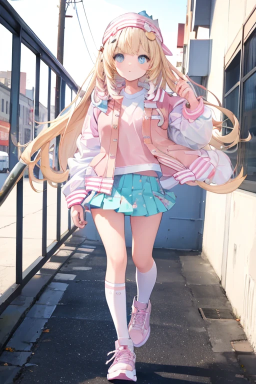 pink letterman jacket, pink brill skirt, full body, high quality, run way, White background,