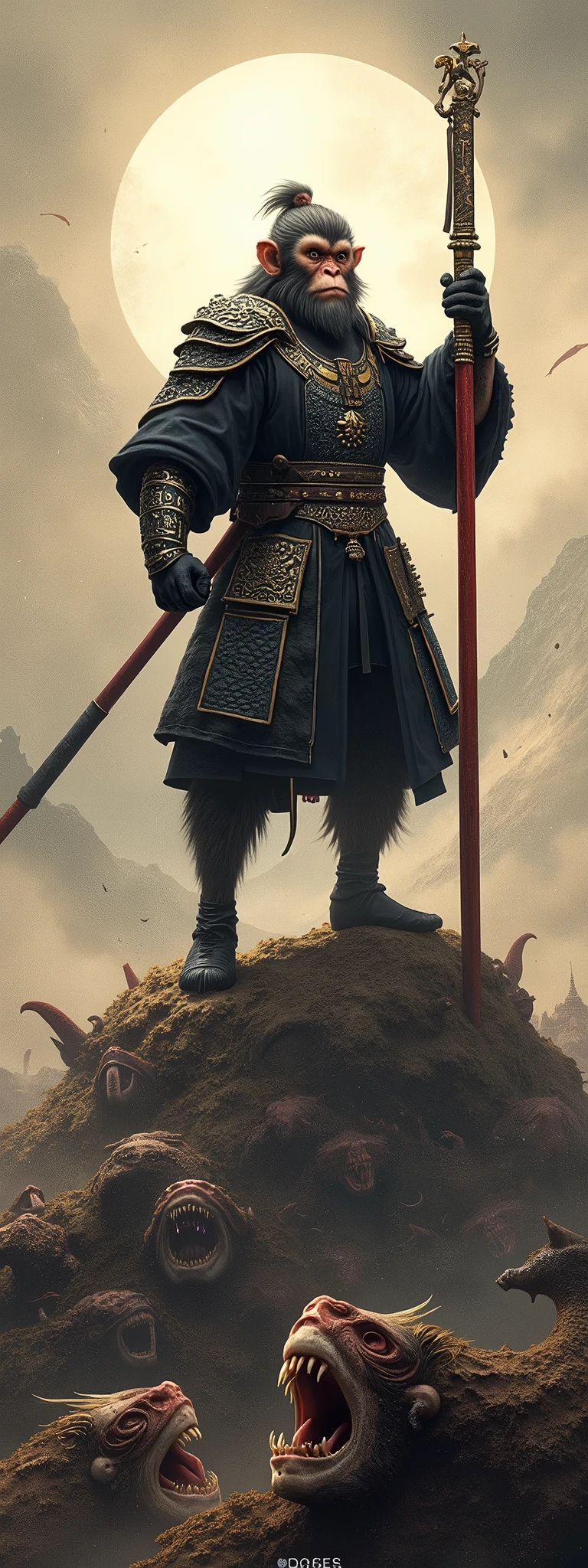 sun wukong\(Journey to the West,demi-human monkey, wearing Lu Bu\(Three Kingdoms\) black light armor\) holding the simple big red wooden staff, with a fighting stance, at the top of the corpses of the enemy monsters and looking down, view from below, ancient china