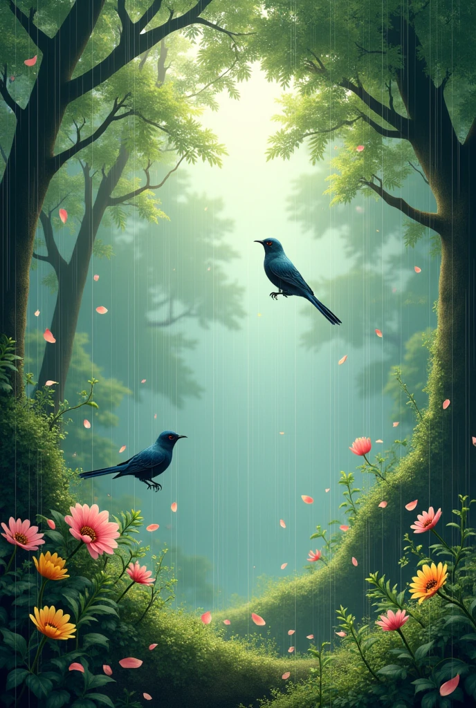 Raining in the forest, flower falling from trees and birds (4k hd)