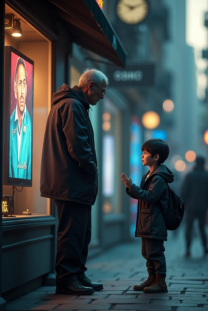Create an image of a man looking at the yv of a shop window.Add to the side of the window a child begging. The man does not see the child who asks the people who pass by, he only sees the TV screen.ignore the child.