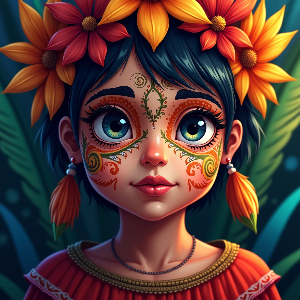 beautiful detailed eyes, face painted with finger paint , beautiful detailed lips, extremely detailed eye and face, , 1 girl, bird feather clothes, colorful vector art, graranis indigenous style, tropical flowers, warm lighting, swirly vibrant colors, (best qualityer ,4K,8k,high resolution,Masterpiece artwork:1.2),ultra detali,(R),digitalpainting,conceptual artwork,illustration Guarani Indians