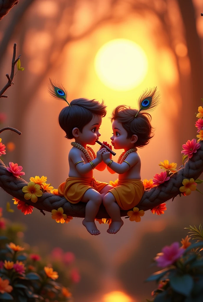 (photorealism:1.2), A 3D render of a medium shot of a cute Krishna with a peacock feather in his hair, singing a flute. He is wearing a yellow dhoti and a flower garland. He his with her friend Radha .....sitting On the flower rope .The background is vibrant sunset......The lighting is dramatic, with a bright spotlight on Krishna and a dark background.
