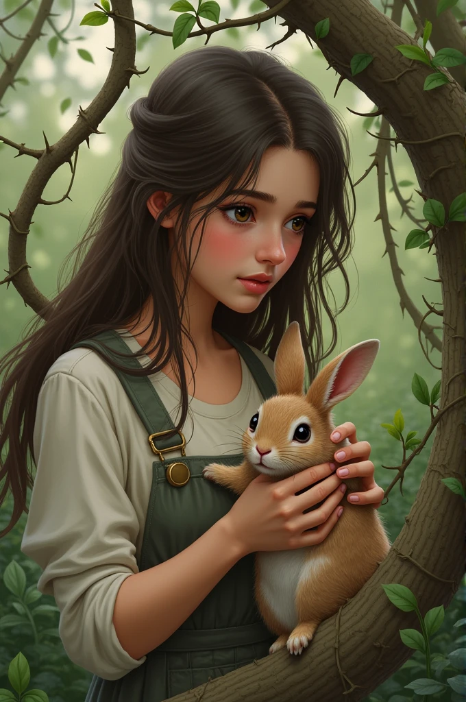 Lily carefully and gently untangling the rabbit from the thorny bush. The rabbit looks scared but begins to calm down as Lily helps it. Her face shows kindness and determination