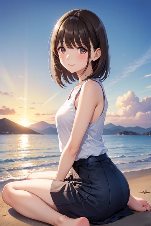 anegasaki nene、Shiny brown hair, short hair, (Beautiful brown eyes、Sparkling eyes, Fine grain)、smile、Ultra-detailed eyes、Highly detailed face, Highly detailed eyes,Cowboy Shot、



Highest quality, , blue sky, Calm sea, sitting on the beach, sunset, Fuji Mountain, 
erotic, 唯一のセクシーな日本人woman, Healthy body shape, woman, student,   
Sexy long legs, Glowing Skin, Soft Skin, Sleeveless T-shirt, Brown long skirt, barefoot, Backwards, Turn to the camera