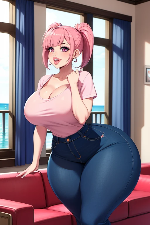 pink hairstyle, blue eyes, huge lips, short hair, double ponytails hairstyle, big lips, medium breasts, hourglass figure, (narrow waist), trust, superiority, bad gal, thick thighs, tight shirt, standing, house indoor, bow tie, earrings, trade, pink theme, random color shirt, diaphragm, jeans pants, smile, half plane, living room, window with sea view, from the front, big ass, front, thick, Big hips, very narrow waist, big breasts, neckline, laughing, open mouth, laughing, lol, big lips