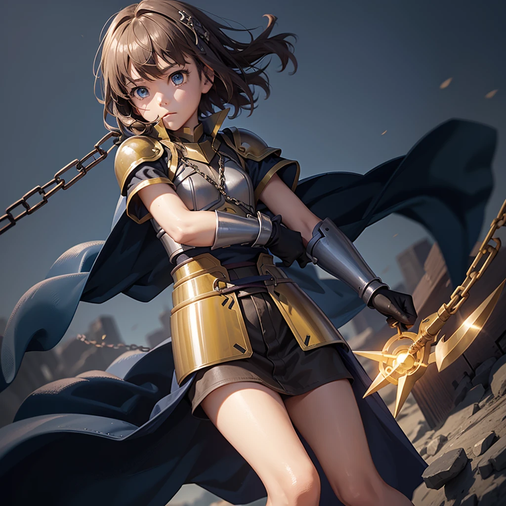 最high quality、high quality、Simple Cloth Armor、10Year-old girl adventurer、Equipped with a weapon that has a short chain at the end of a stick and a spiked iron ball at the end of the chain、In a dark maze