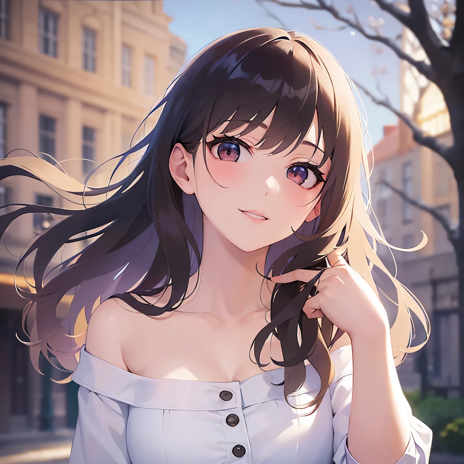 looking up, cinematic angle, Upper Body, Realistic, real person, (pale skin: 1.2), RAW photo, photorealistic, shiny skin, shiny hair、(A 2 woman with medium-length hair and bangs) and (wavy hair) and (brown hair) and (orange eyes), (white) and (off shoulder blouse) 、Cleavage、(blush:1.3), smile, (blush:1.2), The background is a park、Alone、Are standing