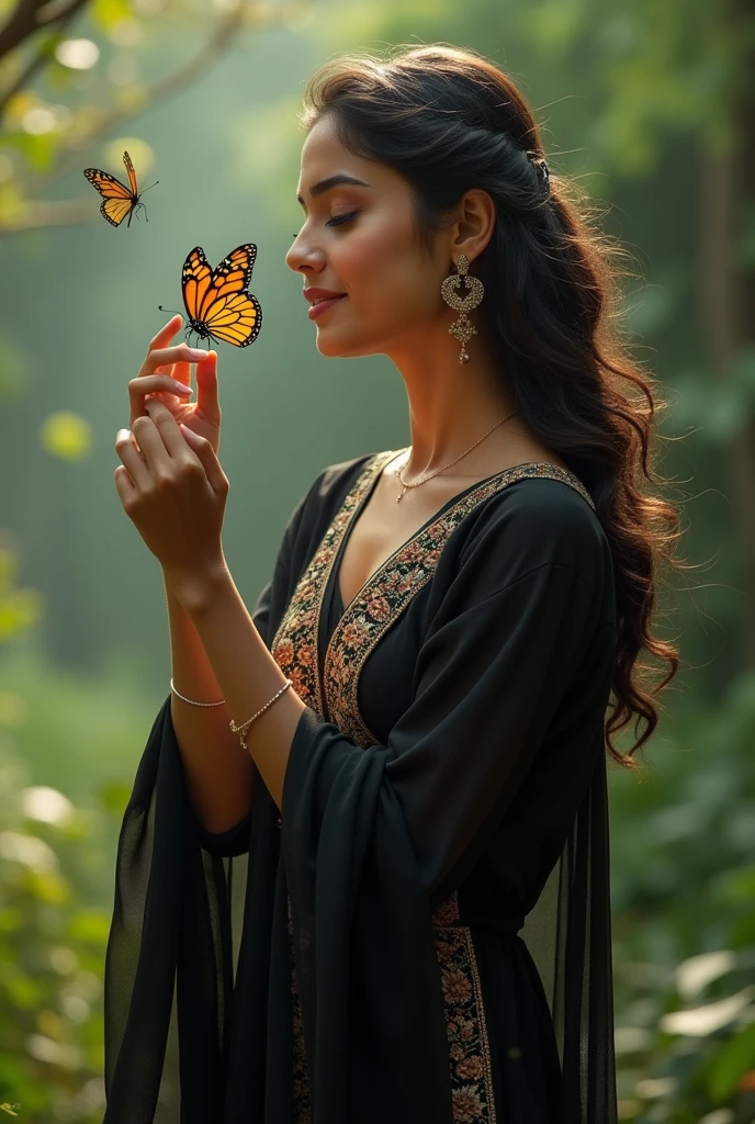 Mia khalifa face kartina kaif lips deepika height sai pallavi hair wearing black salwar kurti playing with butterfly