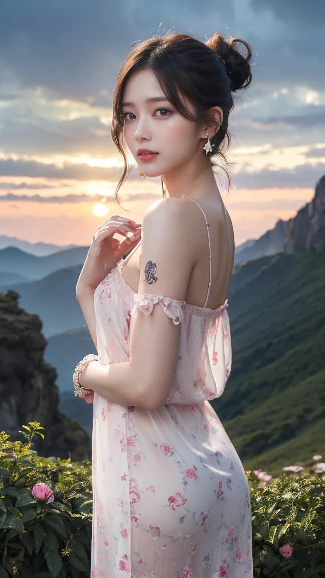 (Canon RF85mm f/1.2,best quality,HDR,Realisticity:1.4,(realistic light and shadow):1.5,Cinematic Lighting),1 girl/((korean mixed,kpop idol,beautiful long_Slender_legs),(hair bun),(lipstick,pink lips,pink_shiny_lips,pink_eyeshadow,eyelashes,powder_blusher,make-up),(white_shiny_skin,black eyes,Pore,skin texture,shiny),(necklace,earrings,bracelet,floral_tattoo on arm),big breasts),smile,dynamic angle,Dynamic pose,((A dramatic sunset over a mountain range, Vector Illustration, Peony, profound, Goya, A tornado warning with the sky turning green and the winds picking up)),((see-through Nightgown)),