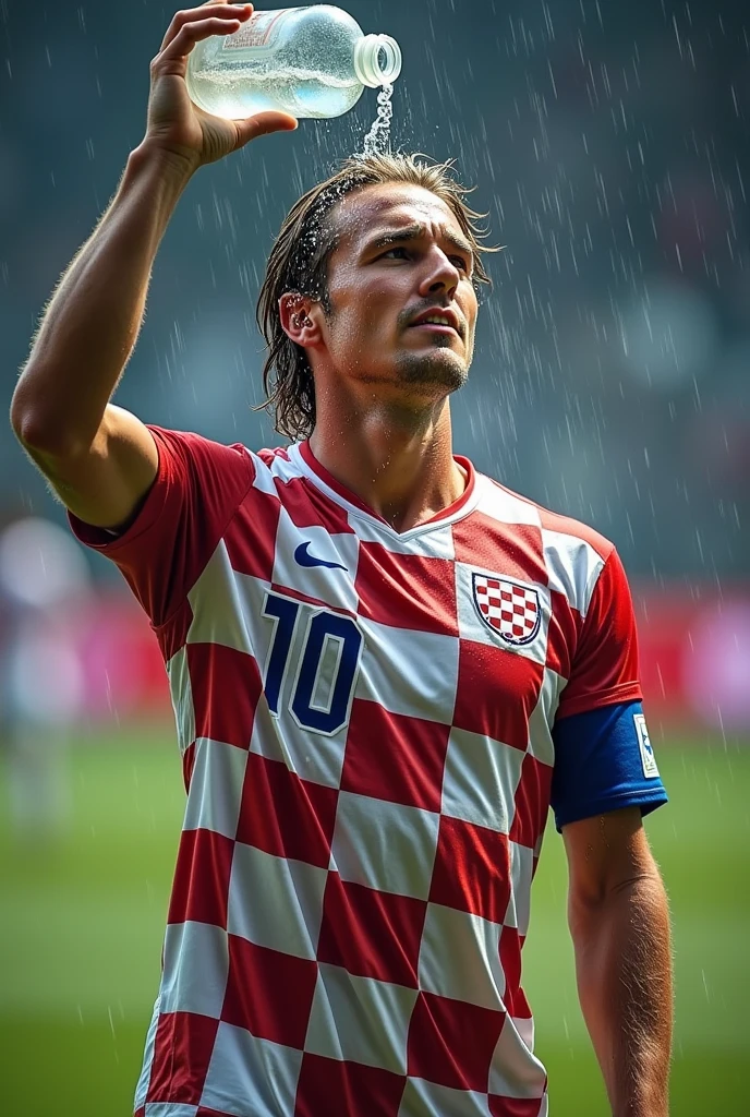 Luka modric pouring a waterbottle over his head in completely wet soccerclothes. His hair is wet. Water flows over his shirt and the shirt is completely soaked