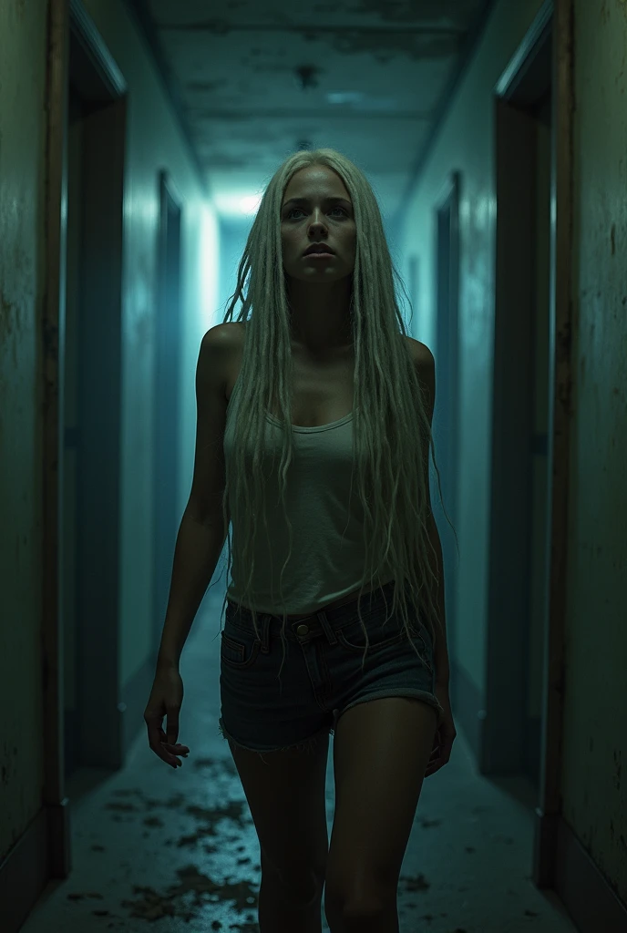 ((Suspense scene ((Art conceptuel)), corridor of an abandoned mansion, dismal, style resident evil, retro game, ps1, ps2)), (better lighting, best shadow, An extremely delicate and frightening), (digital illustration), ((4K Painting)), [(Angle dynamique,((1fille)),white dreadlocks hair, (nice face, visage parfait, afraid,) sensation de peur peur, shadowyness, maison effrayante), [:(shadowy, mysterious, game painting, cadre sinistre, irregular corridors, big house, silence de mort):