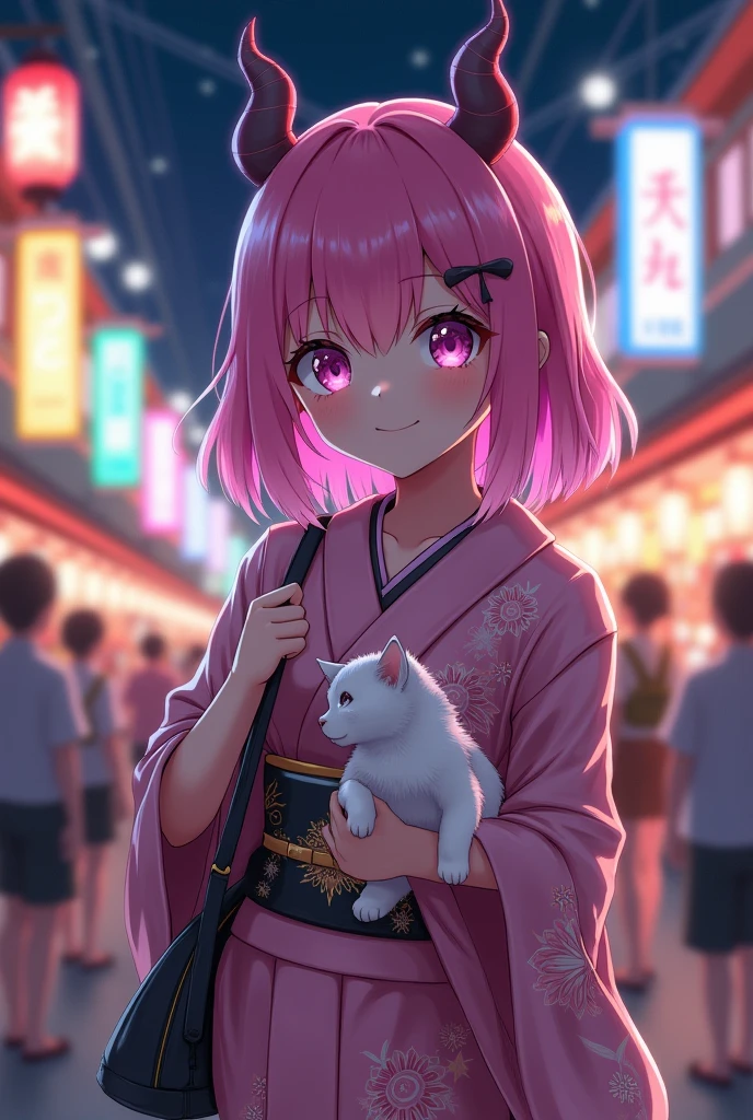 A 1 demon girl with a Hair middle, pink hair, purple eyes, wearing a yukata, and holding a bag, Festival in Japan At night, Smile and hold a kitten