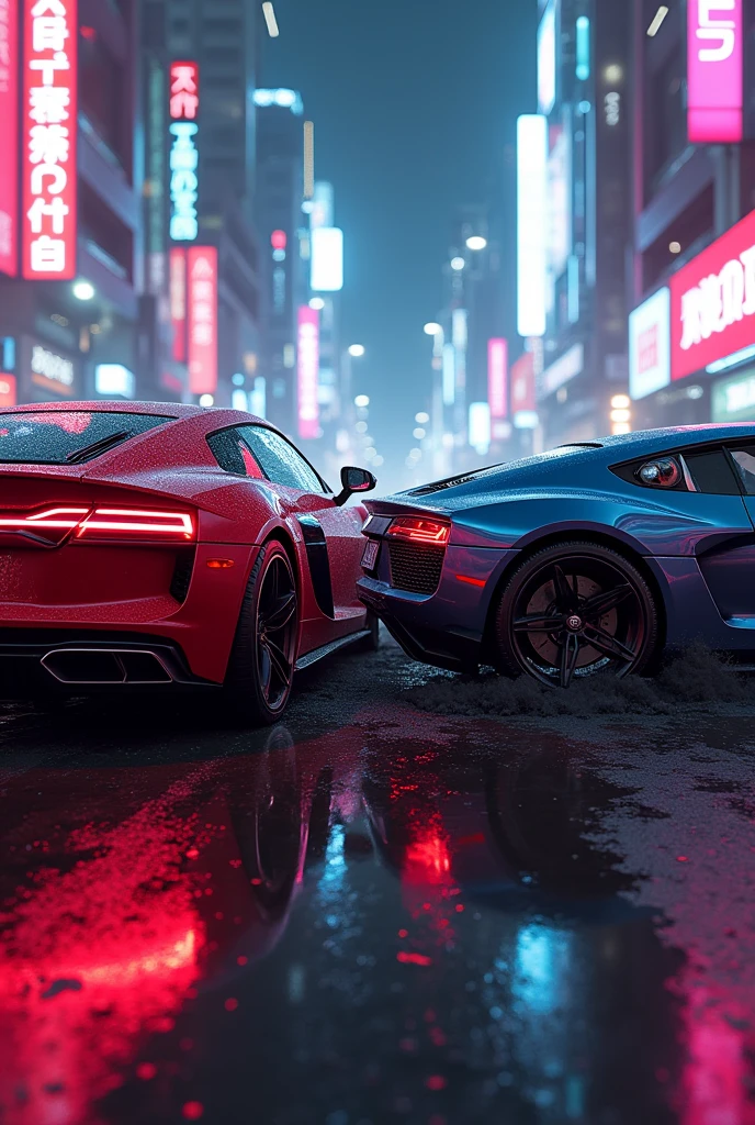 Audi and bmw crash at neon city cyberpunk