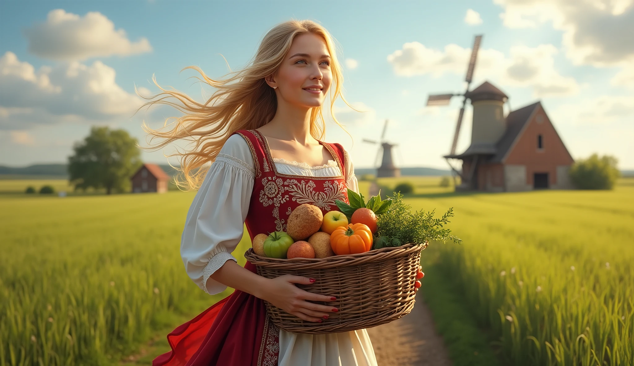 woman, traditional Dutch dress, farm and old mill in the background, green fields, clouds, sunny day, blonde, young, beautiful, carrying a wicker basket with fruits and breads and vegetables.