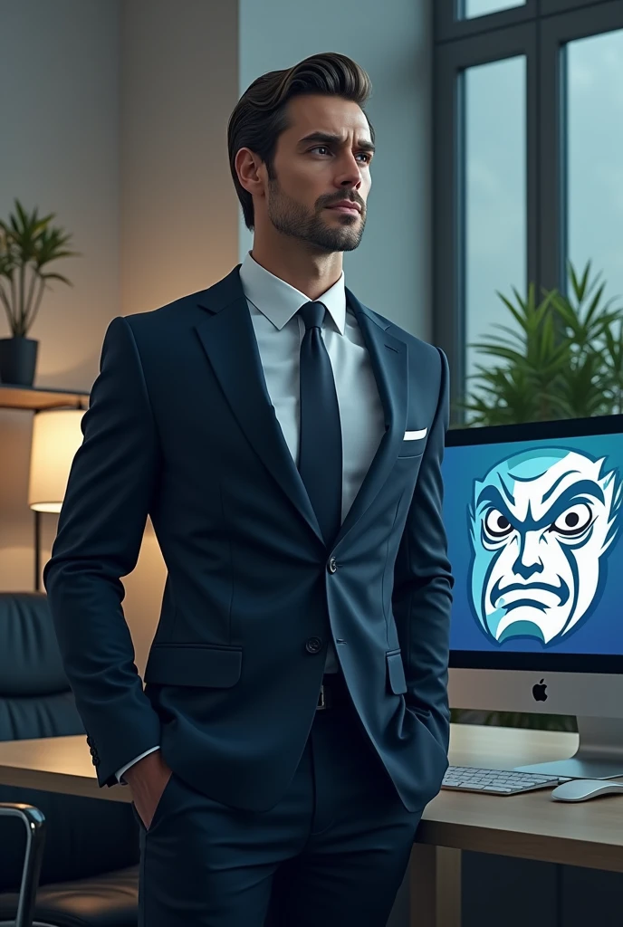 A Men with suit and dollers
Standing in front of computer, look and a logo with attitude face