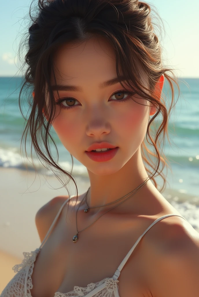 tableau, la plus haute qualité, forme, très détaillé, finement, haute résolution, arrière-plan'écran 8k, Composition dynamique parfaite, beau et détaillé,Random mignon Hair,,lèvres de couleur naturelle, Pose audacieuse et sexy,sourire、fille de 20 ans、mignon、En regardant la caméra,Toujours flou'arrière-plan,Visage parfait et beau,Visage et silhouette fins,gros yeux、Se maquiller pour une fille,Petit visage,tournage'Vers le bas、sourire,Blurred arrière-plan,Visage féminin élégant、Mode Cyberpunk、sourire, à la plage, sexy, bronzé